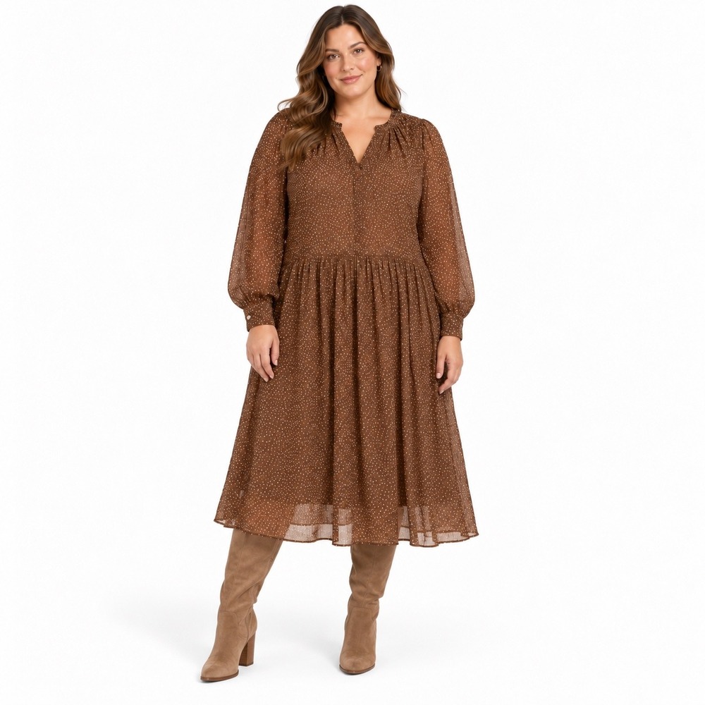 Vince Starry Dot Shirred Midi Dress XL Brown Tiered Long Sleeve NWT Quiet Luxury